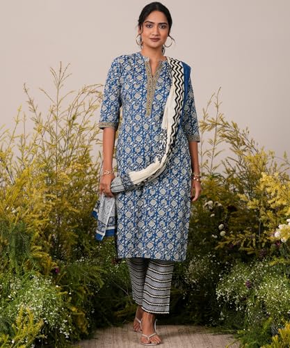 Image of Libas Womens Printed Cotton Straight Kurta With Trousers and Dupatta | daily wear suit