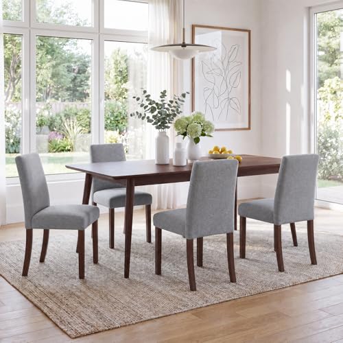 Image of Upholstered Dining Chairs Set of 4, Mid-Century Dining Room Chairs with Wooden Legs, Farmhouse Fabric Parsons Chairs for Small Space Restaurant & Cafe- Gray