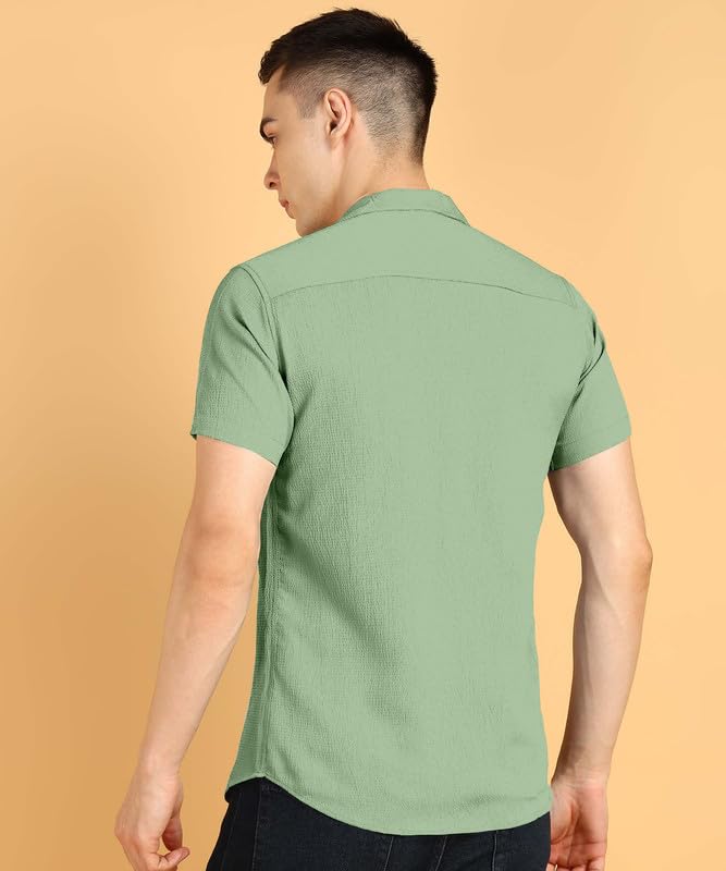 Image of COMBRAIDED Men's Solid Cotton Blend Half Sleeve Shirt - Regular Fit Casual Button-Down Shirt for Office & Travel - Summer & Spring