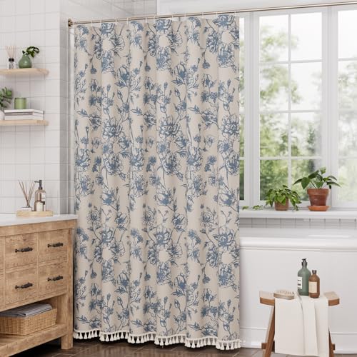 Image of AmazerBath Light Blue Floral Shower Curtain, Modern Farmhouse Shower Curtain Set with Tassels, Rustic Faux Linen Shower Curtain Washable with Hooks for Cottagecore Style, 72x72 Inches
