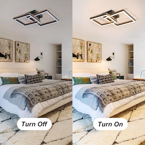 Image of LED Flush Mount Ceiling Light, Double Square Led Ceiling Lights Fixture (23W 3000K), Minimalist Wood Ceiling Lamps for Bedroom, Kitchen, Hallway