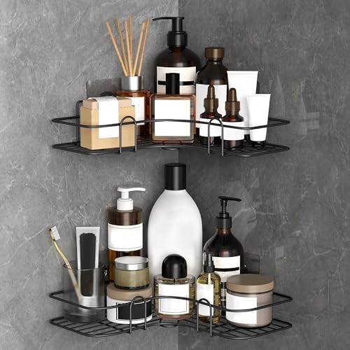 Image of Bathroom Shelf Organizer with Magic Stickers | Self-Adhesive | L-Shape Corner Shower Caddy -Sleek Black Powder Coated- Ideal for Kitchen Essentials and Bathroom Accessories | Pack of 2