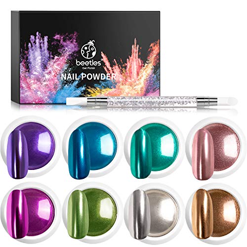 Beetles Chrome Nail Powder Mirror Effect Pink Purple Blue Green Nail Manicure Art Decoration Powder, 8 Colors 1g/Jar