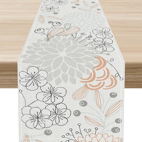 Gray Floral Table Runner,Spring Seasonal Boho Dahlia Pinnata Flower Leaves