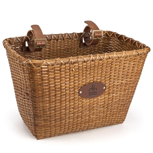 KONG MING CAR Fahrradkorb – Retro Design, Robuster fahrradkorb Lenker mit Holzunterlage & Lederträgern, ideal als Fahrradkorb vorne (Braun)