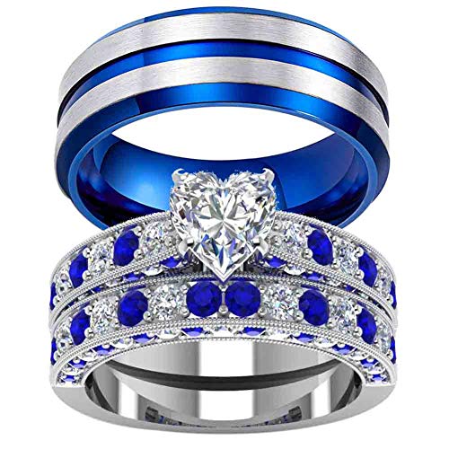 ringheart Couple Rings White Gold Filled Heart Cut Cz Blue Rhinestone Womens Wedding Ring Sets Tungsten Man Ring Band