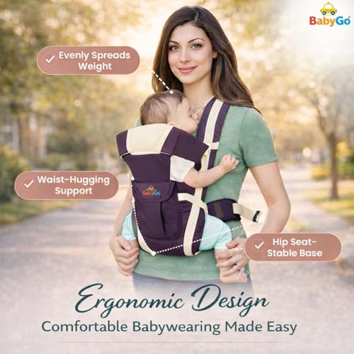 Image of BabyGo Kid Seat Baby Hip Carrier 4-in-1 Adjustable Baby Carrier Cum Kangaroo Bag|Front, Back|for 6 to 24 Months Baby|Newborn to Toddler Carrier|Safety Belt & Buckle Straps|Up to 15 Kgs (Purple)