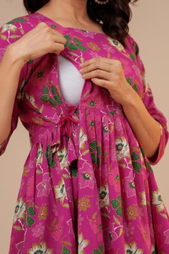 Image of THE Moon Star Women's Cotton Floral Printed Anarkali Maternity Feeding Kurti | Breastfeeding Dress for Mothers | Zipper Feeding Kurti, Nursing Kurti, Comfortable and Trendy Maternity Wear