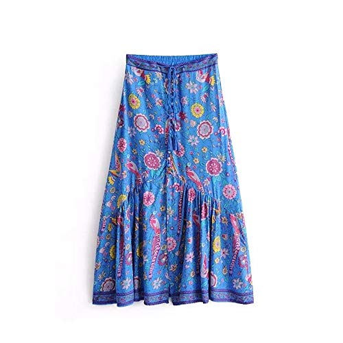 Preisvergleich Produktbild Gyubay Frauenröcke Frauen eleganter böhmischer Rock mit Blumenmustern Draw String-Knopf elastischer Taille Langen Rock-Strand-Röcke Alltagskleidung (Farbe : Blue, Size : S)