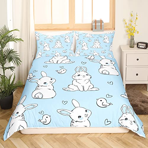 Kids Rabbit Bedding Set Cute Rabbit Heart Duvet Cover for Boys Girls Watercolor Cartoon Wild Animal Bed Cover Blue 3Pcs Double Size Boys - Image 3
