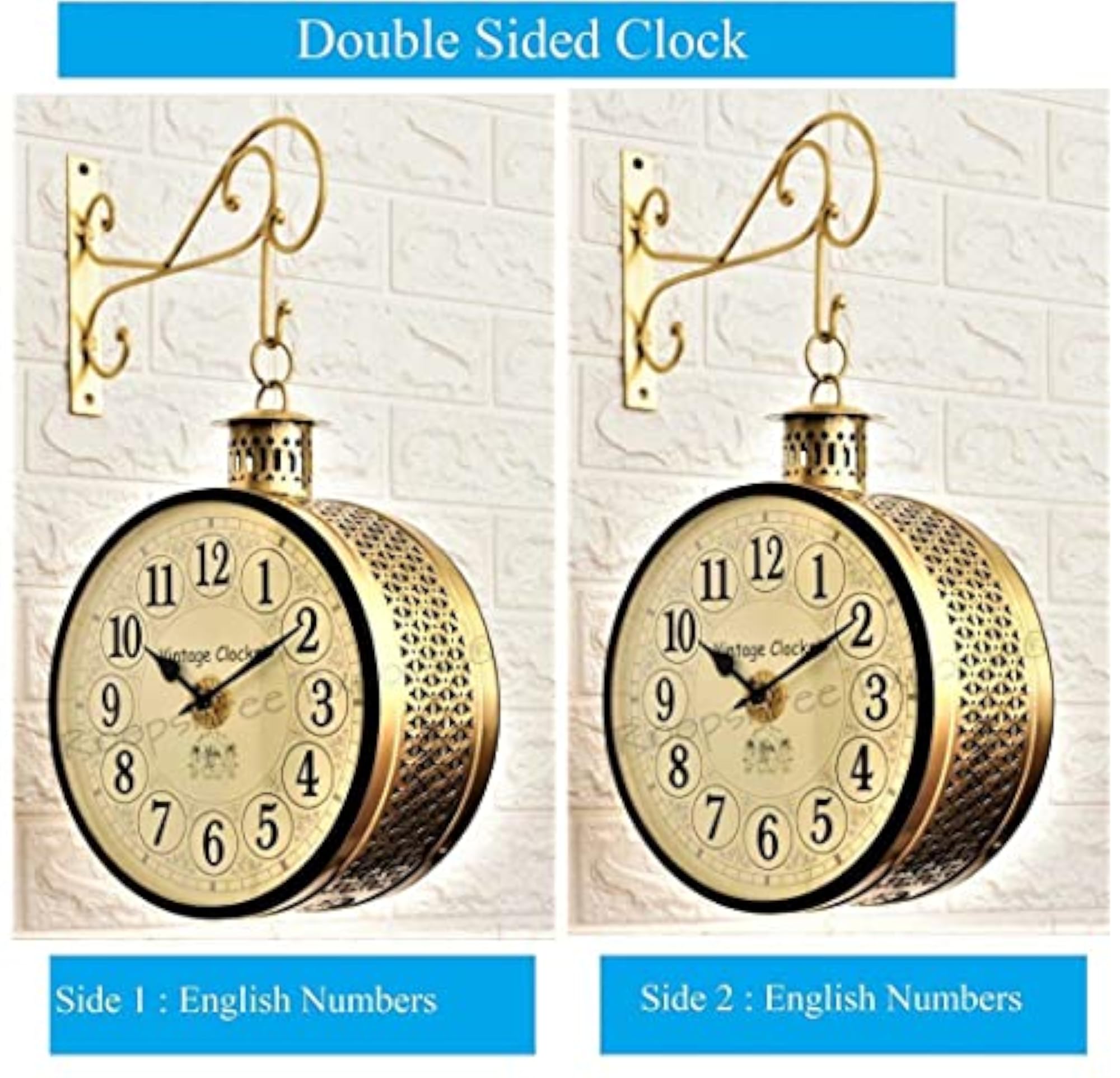 Handcrafted Double Side Analog Wall Clock, Brass Finish