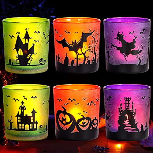 Halloween Votive Candle Holders, 6 Packs Glass Tealight Holders, Handmade Sandblasted Halloween Votive Holder, Candleholder Sets for Table Centerpiece Party Decoration, Pumpkin Designs for Home Decor