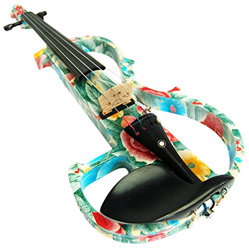 Image of Kinglos. Visual-Art Advanced Electric Violin 4 /4 Full Size Ebony Fittings | Kit Incl. Case Bow Shoulder Rest Aux Cable Spare Bridge Strings - Solid Wood Green Pink Silent Violin Set for Adults Beginner