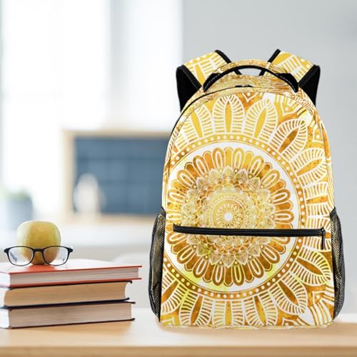Sac à dos d'école fille et garçon avec grand compartiment de voyage mandala jaune - 5