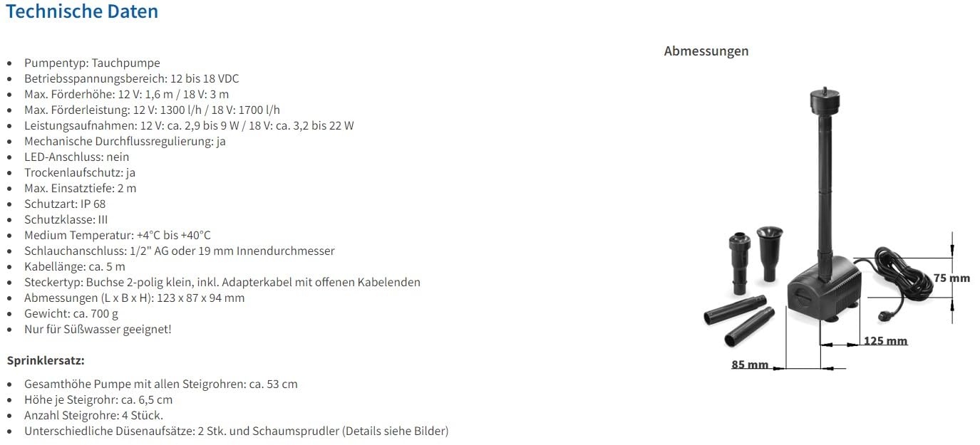 esotec Teichpumpe mit Sprinklerset, Springbrunnenpumpe, Wasserspiel Pumpe, Solarbrunnen Pumpe 1700 l/h 12-24 VDC IP68 außen 101992