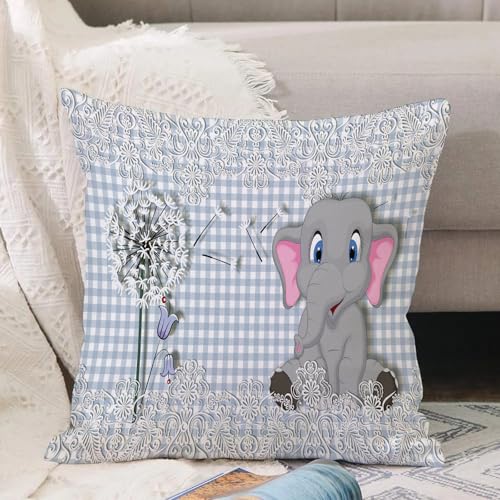 VJIZLOQB Fundas Cojines,Fundas de Cojines Decorativo Fundas Cojin Poliéster por Sala de Dormitorio Sofá,Fondo de Pantalla 3D de un pequeño Elefante sobre un Fondo de Tela a Cuadros,50x50cm