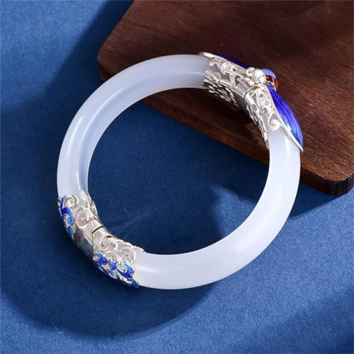 Bracelet jade et argent libellule bleue jonc rétro femme