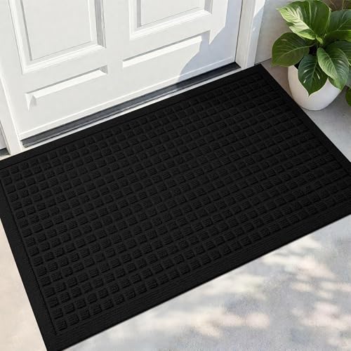 PLEASOR Front Door Mat Indoor Outdoor Entrance Dirt Resistant and Absorbent Doormat Sturdy Non-Slip Backing Entry Mat Fade Resistant Easy Clean Low-Profile Entryway Mat 29x17 Black