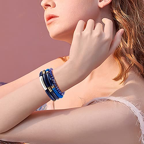 Ornaland 4Pcs Acrylic Chunky Curved Bamboo Tube Stretch Bracelet Sets Polymer Clay Bangles Stackable Crystal Glass Beads Bracelets Wrist Jewelry For Women Men, Blue #TOP5
