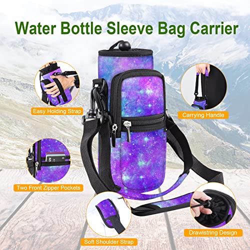 AORTDES 25/32/40/64oz Water Bottle Bag Holder Carrier-Insulated Crossbody Sling Case Sleeve with Strap & Pockets for Men Women Gym Cycling Travel Walking Hiking Camping (Purple Galaxy, 25oz)