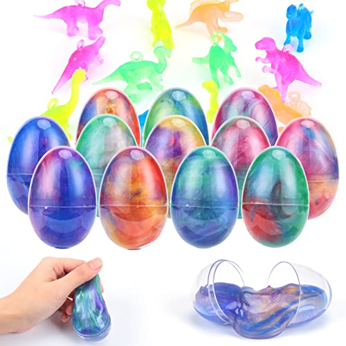 12PACK Easter Eggs Prefilled with Galaxy Slime, Fluffy Slime, Dinosaur Figure for Kids, Squishy Stress Relief Toys for Easter Party Favors Supplies, Easter Eggs Hunt, Easter Basket Stuffers Fillers