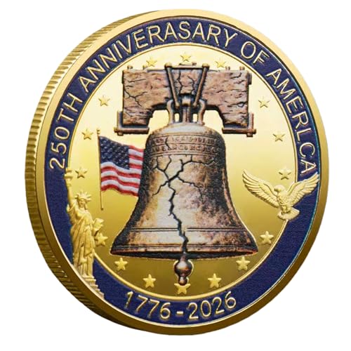 USA 250th Anniversary Challenge Coin 1776–2026 — Gold-Plated High-Relief Collectible with Red White Blue Enamel, Liberty Bell, White House, Statue of Liberty & Eagle — Gift for Patriots (B)