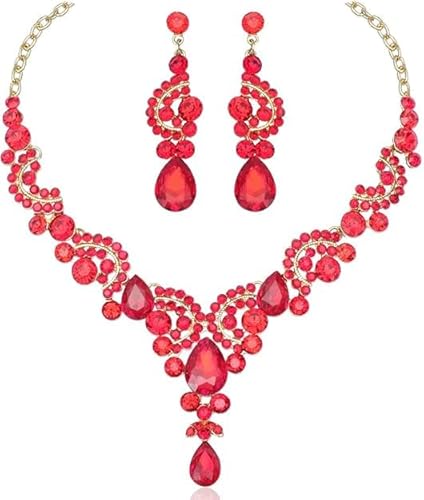 Elegant Crystal Necklace Earrings Bridal Wedding Party Costume Jewelry Sets for Brides Women, crystal Rhinestone, crystal and rhinestones (Red)