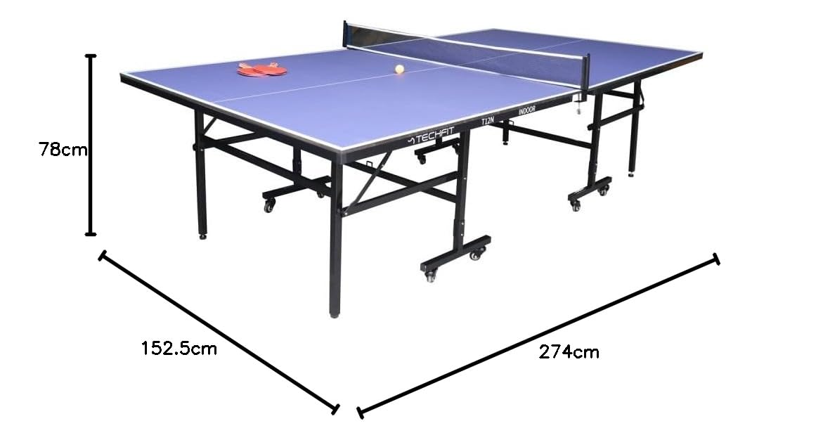 Table de ping-Pong d'intérieur Professionnelle Techfit - Pliante d'intérieur avec Inclinaison unilatérale, Cadre en métal Noir, Filet de 180 cm, roti en Silicone avec Freins, 274x152. 5x76cm