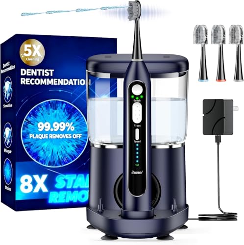 Cepillo de dientes eléctrico con hilo dental para adultos, combo de cepillo de dientes de hilo dental mejorado, 5 velocidades de hilo dental y 3 modos de cepillo, tanque de 500 ml, batería de 30 días