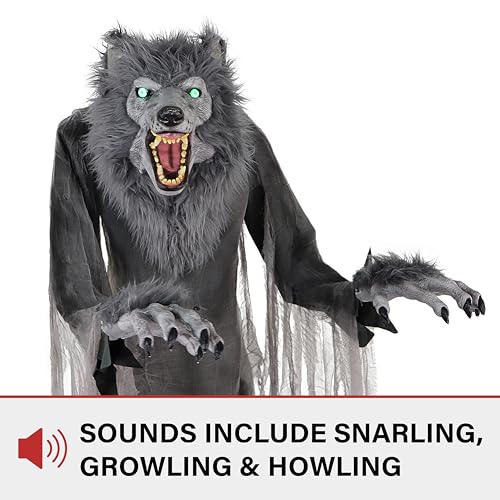 Haunted Hill Farm 7-Ft. Tall Towering Werewolf, Motion-Activated Animatronic for Indoor or Covered Outdoor Creepy Decorations, Plug-in Scary Halloween Prop