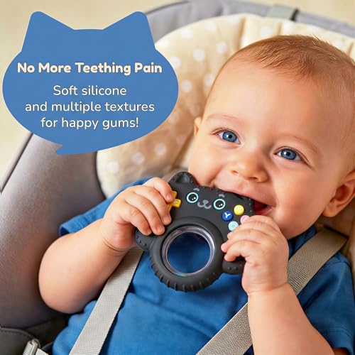 Image of Baby Teether Toy Silicone Cat Teething Ring -Game Controller, Baby Rattle Toy Chew Sensory Toys for Babies Over 3 Months, Teething Relief for Newborn Infant Essentials 0-6 6-12 Months, BPA Free -Black