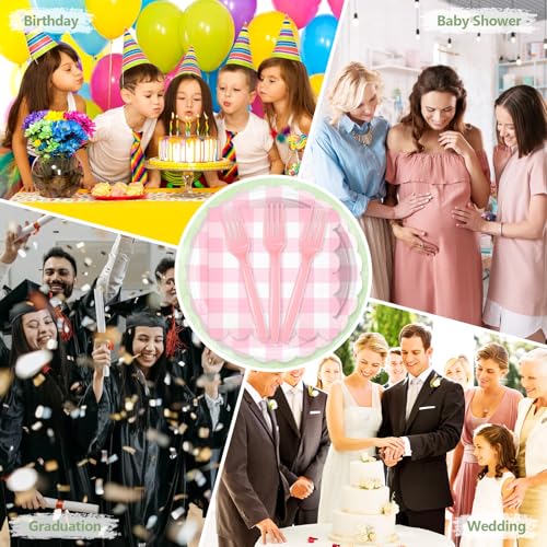 Image of Mulbozy 75 Cute Pink Gingham Paper Plates and Napkins for Party, 25-7 inch