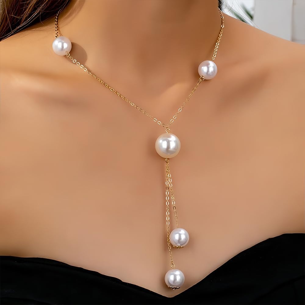 Long Pearl Necklaces for Women Fashion Large Round Balls Pearls Drop Lariat Necklace Dainty Boho Pearls Beads Body Chain Plus Size Trendy Jewelry Gifts - Image 2