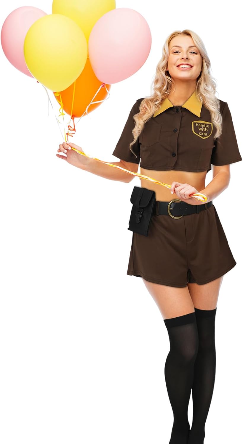 Hicarer 8 Pcs Halloween Women Postal Delivery Costume Includes Small Shipping Boxes, Brown Top and Shorts, Adjustable Belt, Fanny Pack, Hat, Stockings, Fingerless Gloves for Cosplay - Image 5