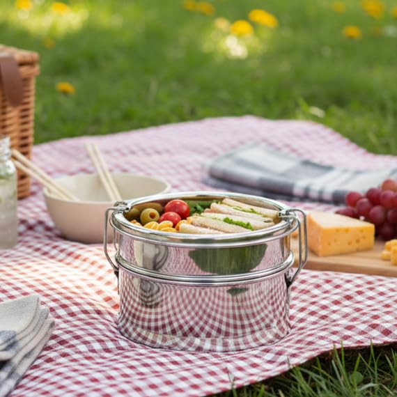 Image of JVL Stainless Steel 2 Tier Lunch Box (Round, Small)