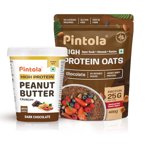 Image of Pintola High-Protein Combo: Dark Chocolate Crunchy Peanut Butter 510g & 22g High Protein Dark Chocolate Oats 400g | No Refined Sugar, Gluten-Free | With Almonds, Raisins, Pumpkin & Chia Seeds