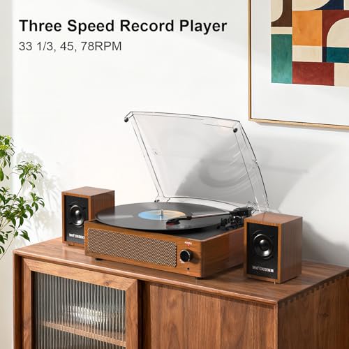 Image of Record Player with External Bookshelf Speakers Belt-Drive Vintage Turntable for Vinyl Records Passive Dual Stereo Speakers LP Players 3 Speed Wireless AUX Headphone Input Auto Stop Retro Brown Wooden