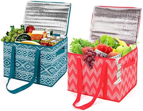 MaidMAX Reusable Insulated Grocery Box with Zippered Top, Shopping Tote Bag Cooler Bag for Food Transport, Travel, Picnic or Camping, Set of 2
