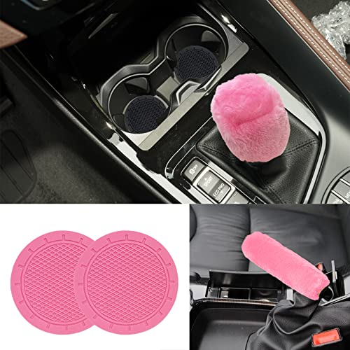 Jingsen 9 Pieces Fluffy Car Accessories Set Fluffy Steering Wheel Covers For Women Soft Fleece Handbrake Cover Shift Cover Bling Mirror Car Trim Fuzz Warm Non-Slip Car Decoration Short Hair (Pink 9) #TOP5