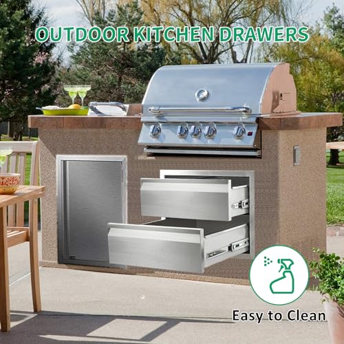 Image of Outdoor Kitchen Drawers 18 inch W x 15 inch H x 23 inch D Stainless Steel Double Drawers with Hidden Handle for BBQ Island, Patio Grill Station & Outdoor Kitchen Cabinets
