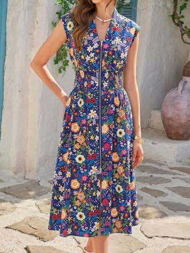 Image of Wenrine Womens Smocked Midi Dress Zipper V Neck Long Summer Dresses | zip front, empire waist, cap sleeve, flowy, a line, high slit, casual midi dress
