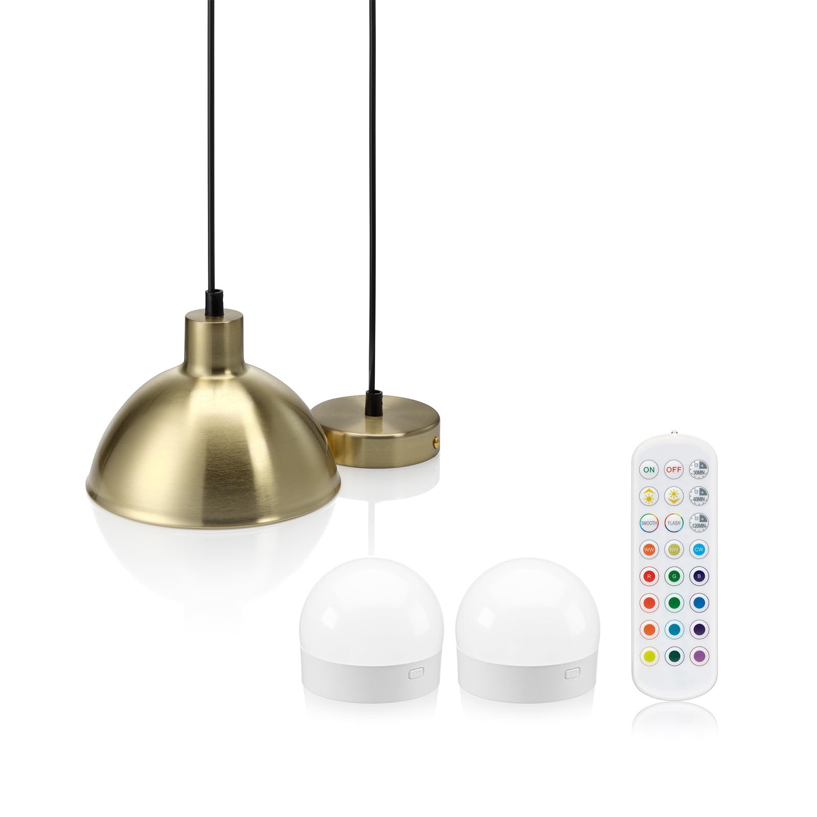 Auraglow Rechargeable Wireless Pendant Light with Remote – Cordless, Battery-Powered, Dimmable, Colour-Changing (Brass, 1 Lamp, 2 Light Sources, 1 Remote)