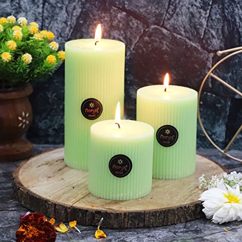 Image of Floryn Decor Premium Ribbed Lemon Grass Paraffin Wax Scented Pillar Candles, Full, 3x3, 3x4 & 3x6 inches, Set of 3