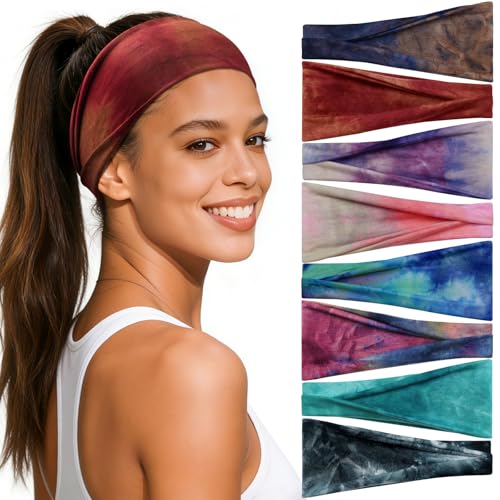 Awumbuk Headbands for Women 8 Pack Non-Slip Moisture Wicking Sports Wide Head Bands Stretchy Elastic Fabric Multiple Colors Securing Hair for Fashion Sports Yoga Running