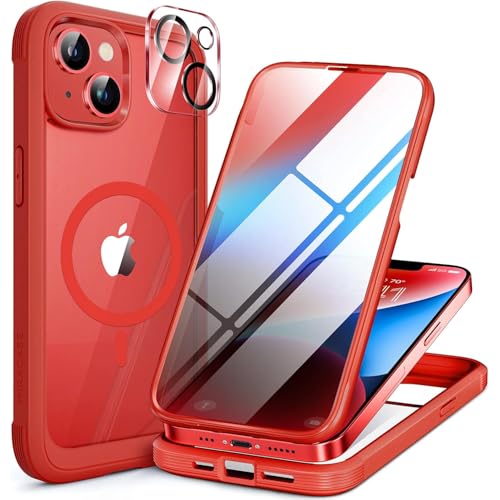 Miracase iPhone14ケース MagSafe対応 スマホケース いPhone14 用 カバー 9H 強化ガラス 6.1インチ フルカバー 360°保護ケース ワイヤレス充電対応 赤