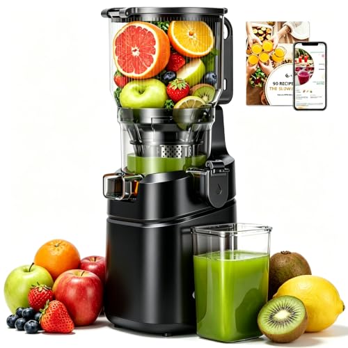 AMZCHEF Licuadora para Verduras y Frutas con 2 Modos de Velocidad - Licuadora Prensado en Frio con Función Inversa - Extractor de Zumos y Verduras con Botella Portátil y 2 Tazas - Negro Juicer