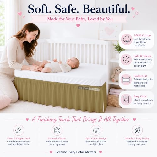 Image of Crib Bed Skirt Dust Ruffle with Split Corners Cotton, 14 inch Drop, Taupe | Nursery Standard Crib Bedding Bed Skirt for Baby Boys and Baby Girls. Hides Under-Crib Storage for a Neat Appearance