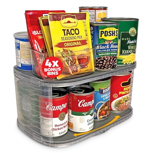 Mighty Susan Kitchen Organizer for Canned Goods: 2-Tiered Robust Turntable Organizer for Cabinet/Pantry. Steel Reinforced Holds Up To 30 lbs. Rotates 360° for Maximum Visibility. Includes 2 Bonus Bins