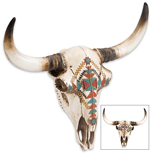 K EXCLUSIVE Southwest Native American Longhorn Bull Skull Resin Sculpture - Southwest Indian Art, Durable Construction - Beautiful Native American Motif Décor - 17 1/5” Horn Span