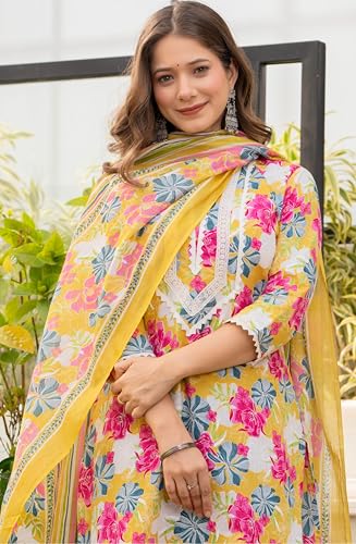 Image of Amayra Women's Pure Cotton Straight Kurta Set with Palazzo Pants & Dupatta|Ethnic wear|Kurti Suit Set for Women